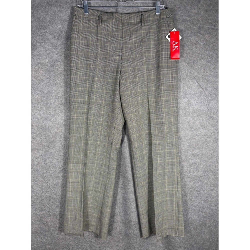 Anne Klein Ines Glen Plaid Dress Pants Womens 10 Black Tan Stretch Wool EFP90096